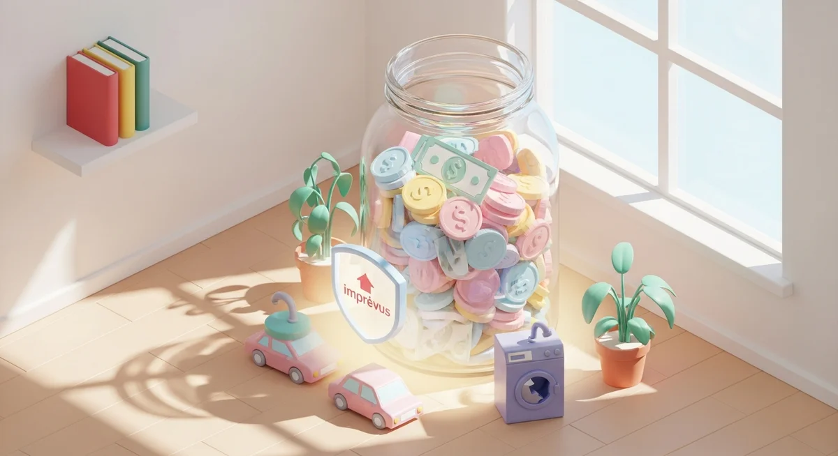 Isometric illustration of a full savings jar glowing protectively amidst miniature symbols of unexpected domestic problems like a broken car or washing machine.