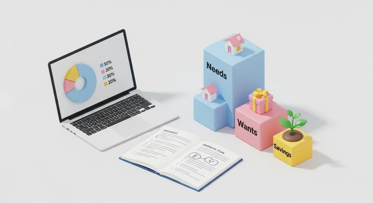 Isometric illustration of a desk with a laptop showing a budget pie chart and three pastel geometric blocks representing financial allocations.