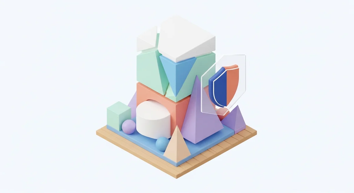 An isometric illustration of a stable, pastel-colored business structure with additional protective layers and a shield, set in a tidy workspace.