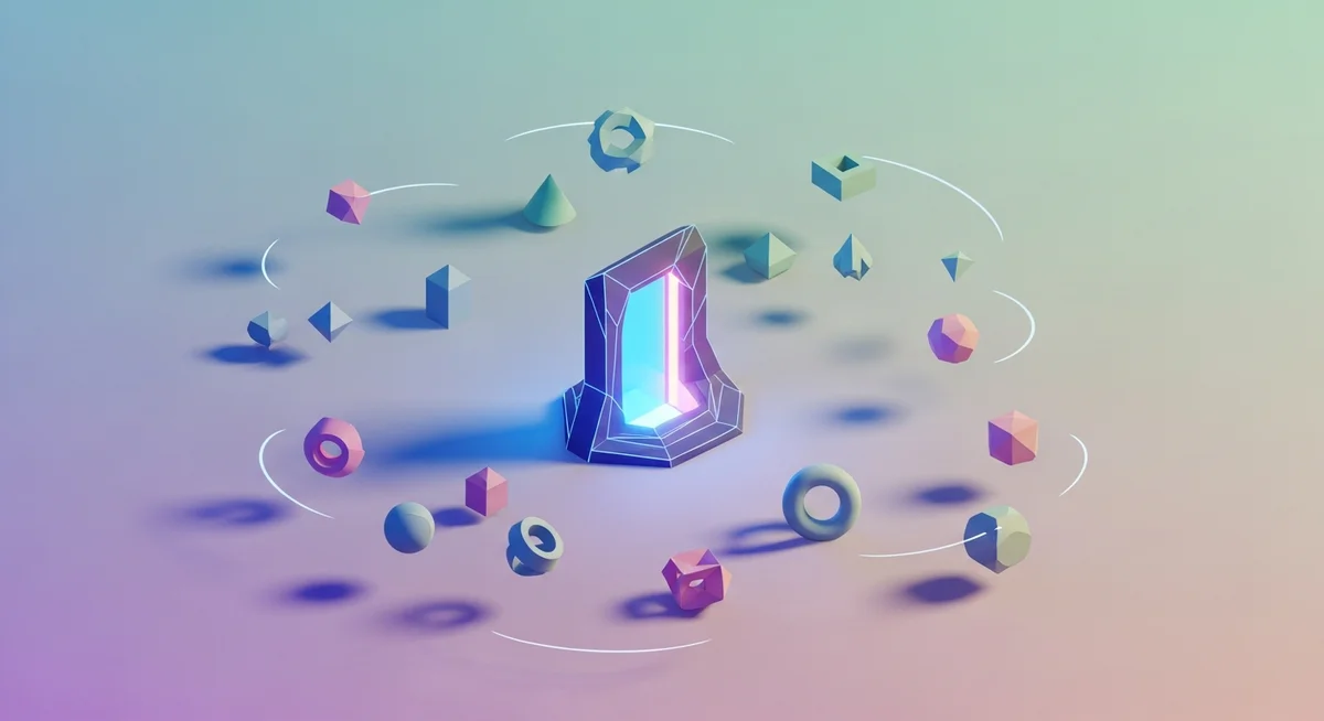 An isometric illustration showing multiple pastel geometric shapes converging towards a central, glowing digital portal, symbolizing a unified platform.