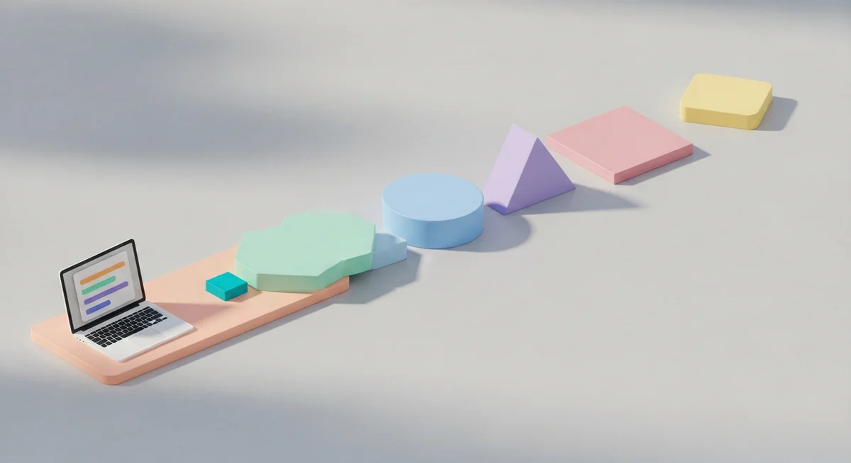 An isometric illustration showing a clear, step-by-step path made of pastel geometric shapes leading to a stylized laptop.