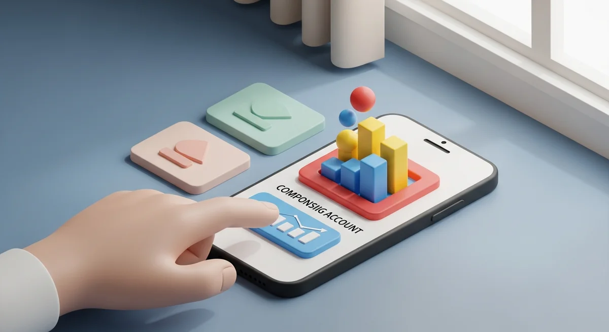 An isometric illustration of a hand selecting a financial account on a phone screen, with one account clearly showing money accumulating.