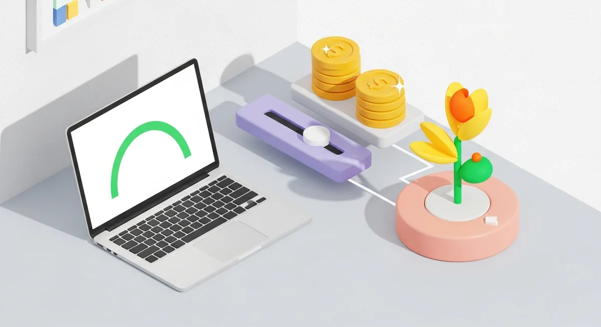 An isometric illustration of a home workspace with a laptop showing a graph, and abstract controls influencing a growing stack of coins.