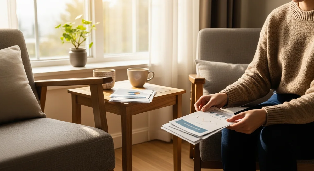 A calm living room by a sunny window, where hands are gently organizing papers, representing strategic financial planning.
