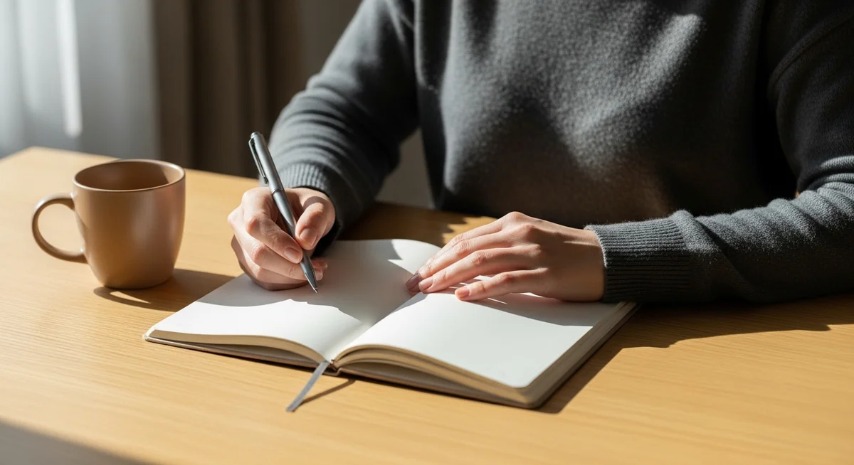 Hands holding a pen over a planner on a wooden table in warm daylight.