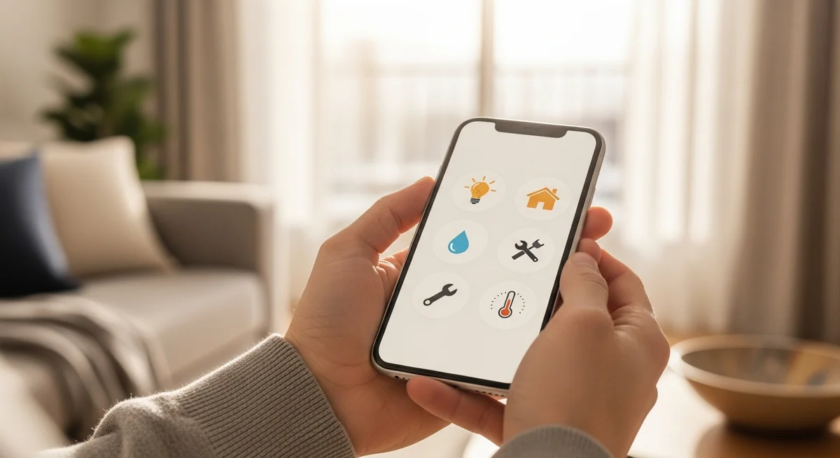 Hands holding a smartphone displaying a home services app, with a blurred warm domestic background.