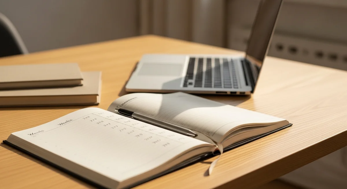 An open planner with a handwritten timeline and a laptop on a tidy wooden desk, illuminated by warm daylight.