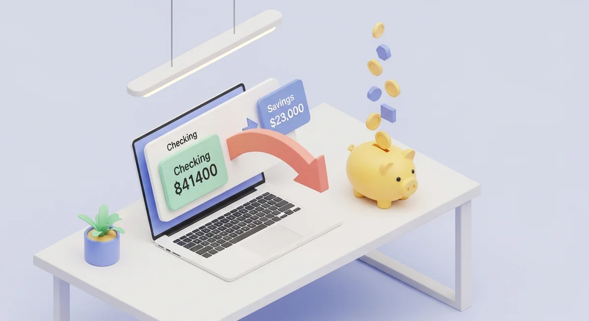 An isometric illustration of a laptop showing an automatic money transfer to a savings account, with a piggy bank collecting coins.
