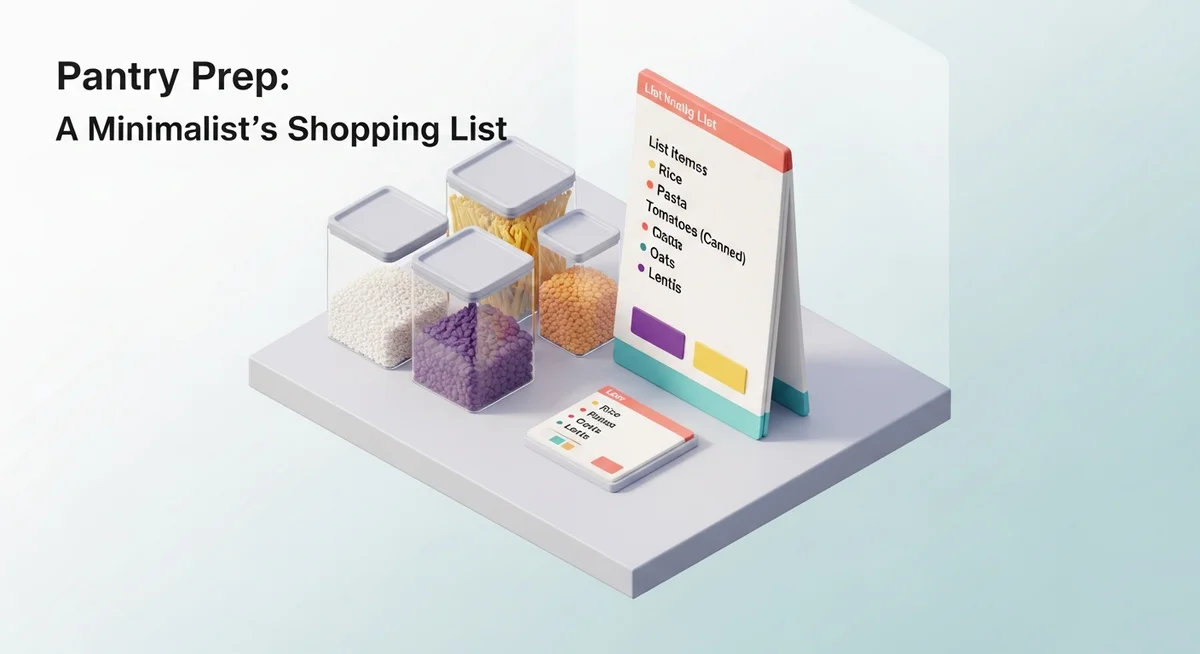 An isometric illustration of a bright kitchen counter with a shopping list and neatly stacked bulk pantry items.