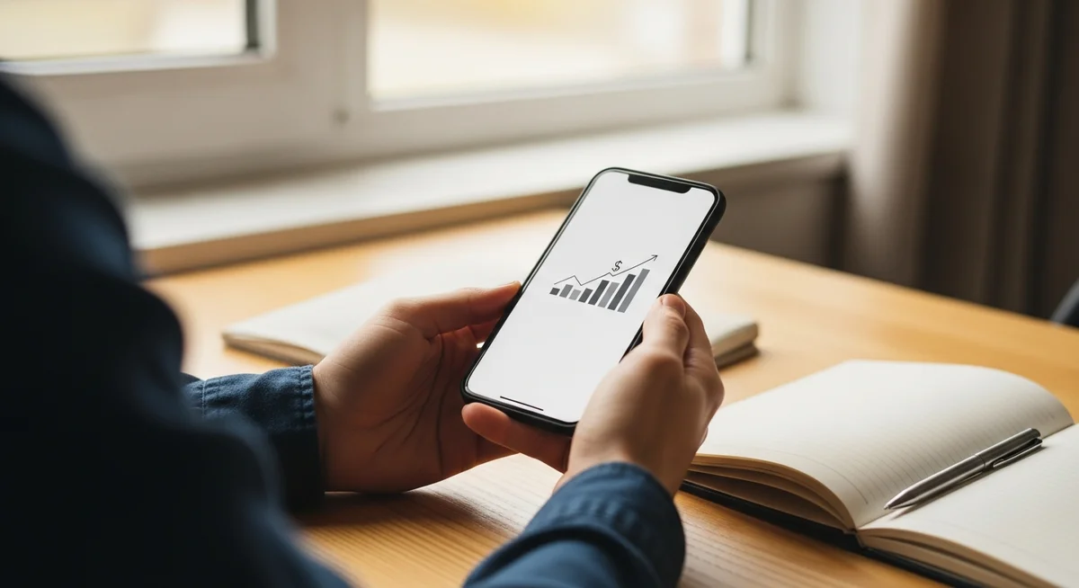 Young adult's hands hold a smartphone displaying a financial growth graph, with a notebook on a table.