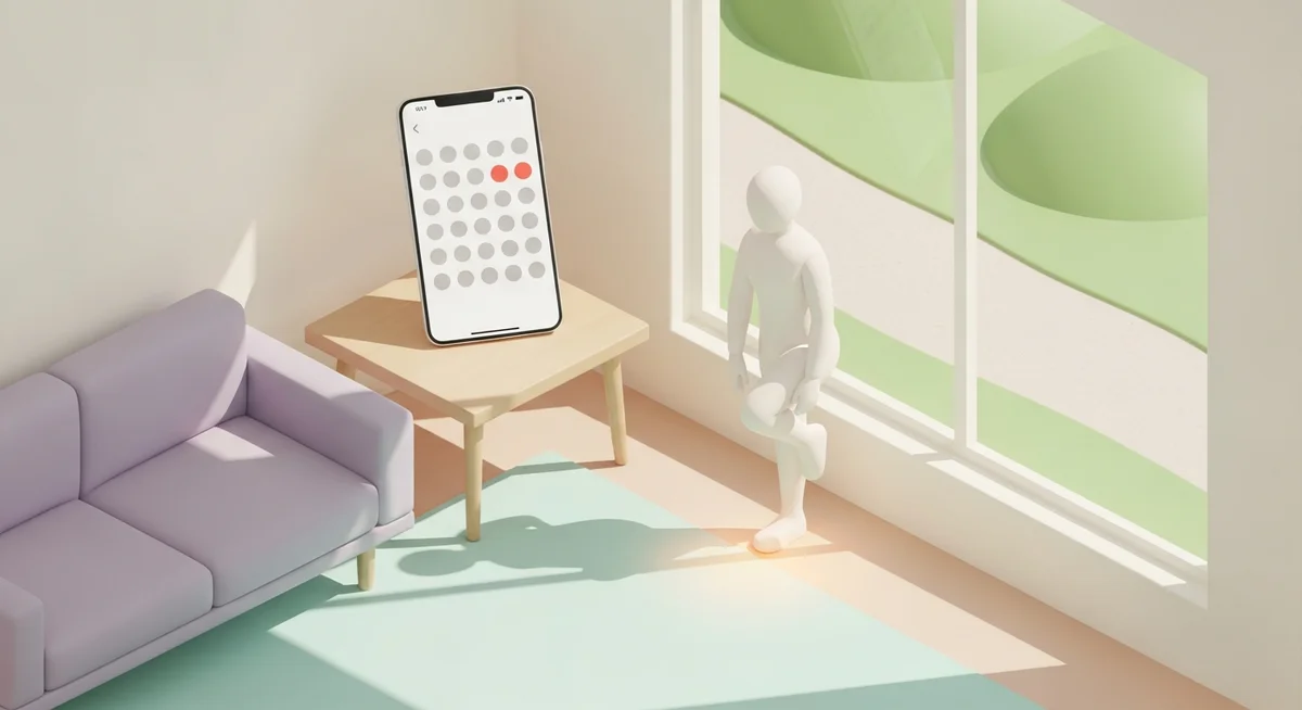 An isometric illustration of a tidy living room with a phone showing consistent small daily progress, emphasizing sustainable walking habits.