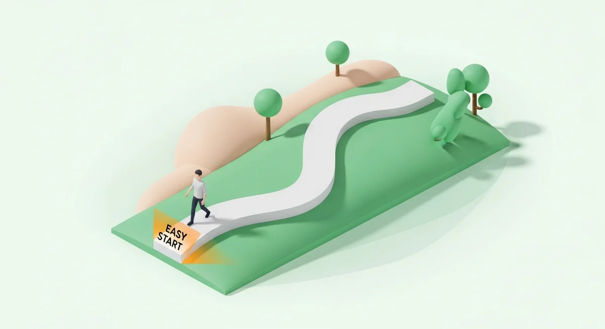 An isometric illustration of a person taking a gentle walk on a low, winding path, conveying that small amounts of activity are beneficial.