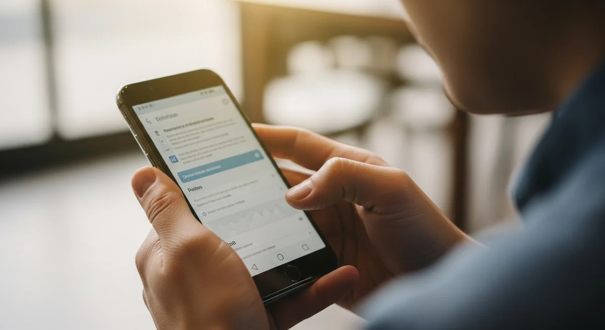 A person's hands hold a smartphone, their gaze focused on the screen with a subtle hint of concern, in a sunlit domestic setting.
