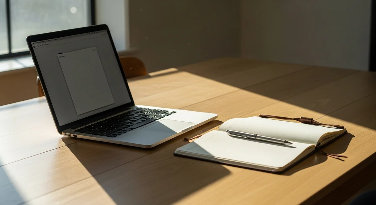 A tidy home workspace with a laptop, notebook, and smartphone on a sunlit wooden table, conveying a sense of calm organization.