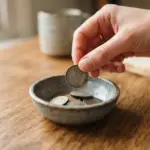 A close-up view of a gentle human hand carefully placing a single coin into a small, elegant ceramic bowl
