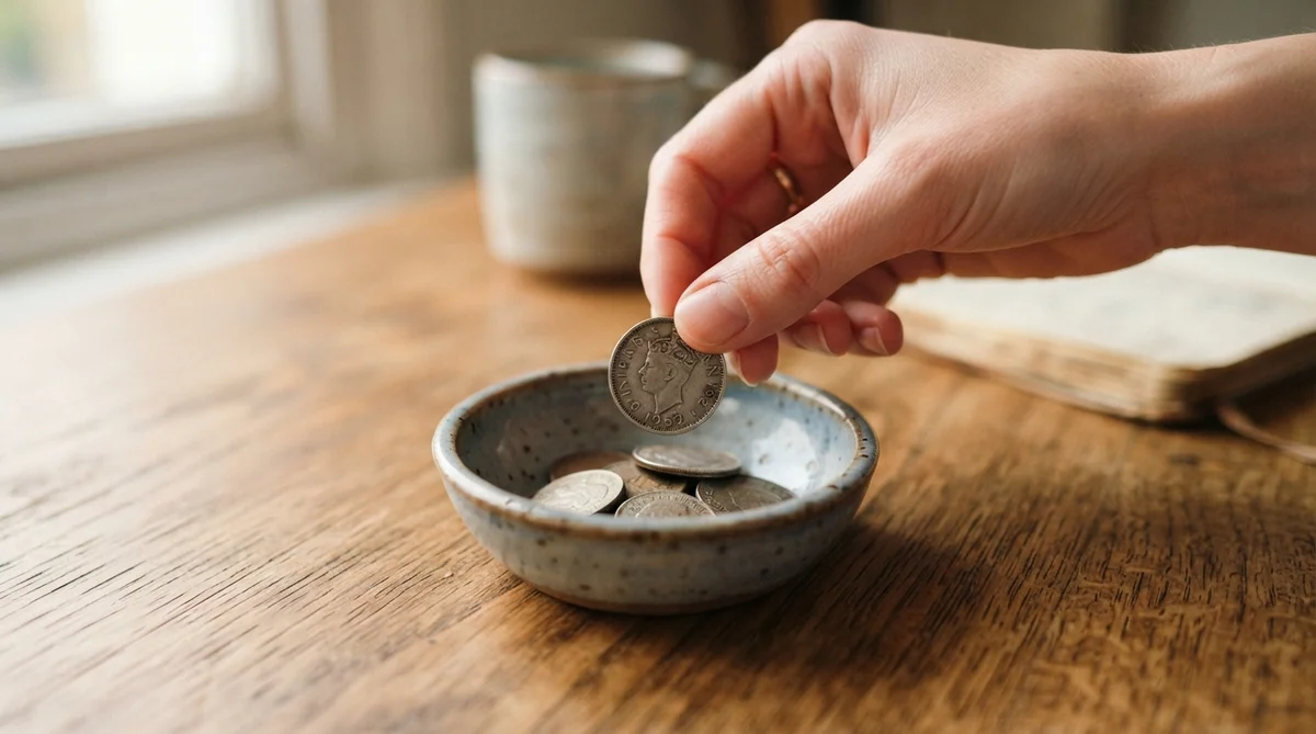 A close-up view of a gentle human hand carefully placing a single coin into a small, elegant ceramic bowl