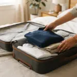 A person packs folded clothing into an open suitcase resting on a bed in a bedroom