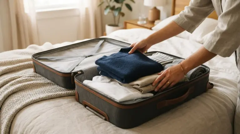 A person packs folded clothing into an open suitcase resting on a bed in a bedroom