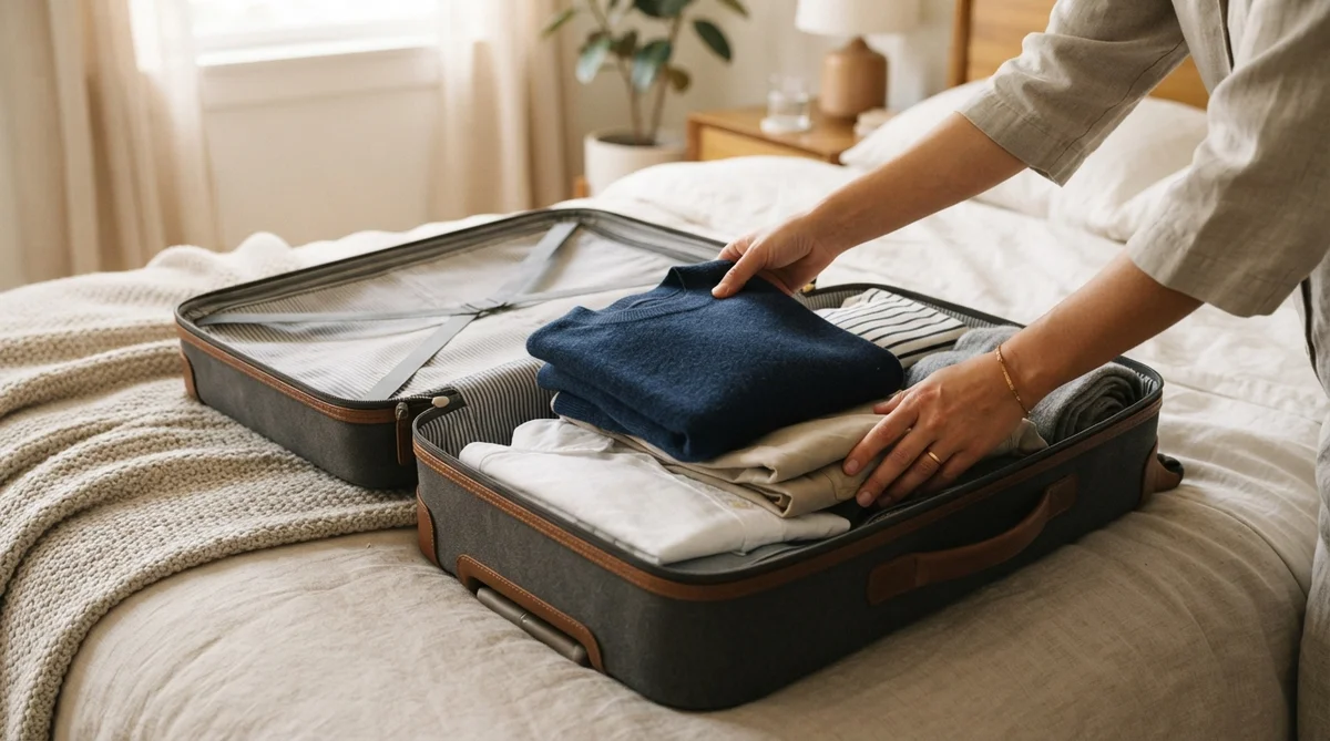 A person packs folded clothing into an open suitcase resting on a bed in a bedroom