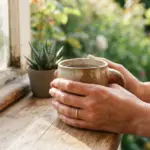 Hands holding a warm mug of steaming liquid on a rustic wooden windowsill beside a potted succulent plant