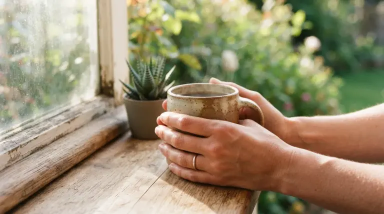 Hands holding a warm mug of steaming liquid on a rustic wooden windowsill beside a potted succulent plant