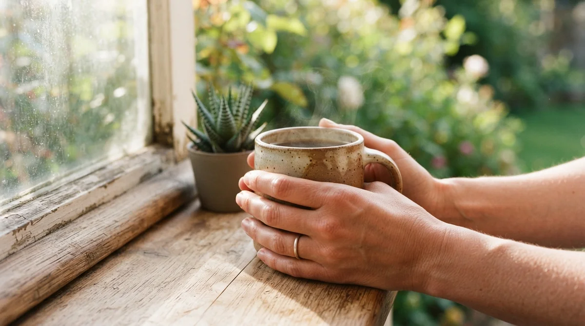 Hands holding a warm mug of steaming liquid on a rustic wooden windowsill beside a potted succulent plant