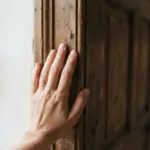 A person's hand gently touching and inspecting a subtly worn wooden doorframe, captured in a warm, close-up shot