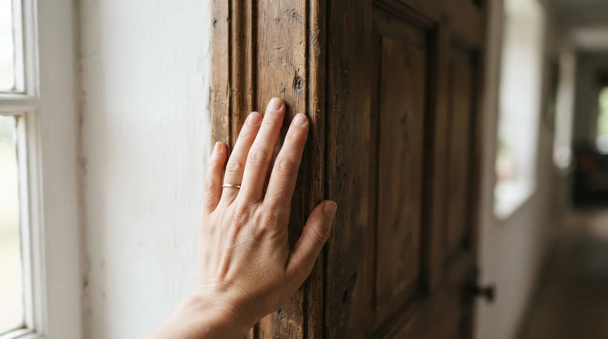 A person's hand gently touching and inspecting a subtly worn wooden doorframe, captured in a warm, close-up shot