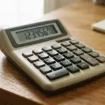 A calculator displaying the number 123456.78 rests on a wooden desk with a notebook and pen nearby