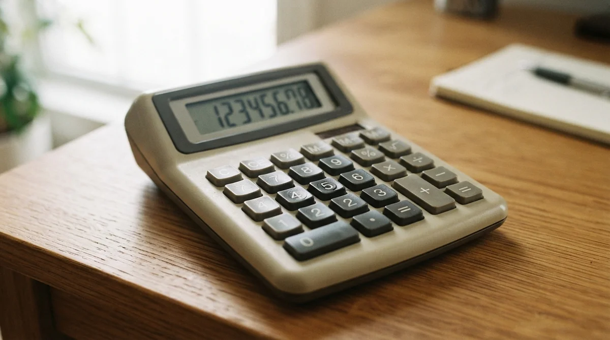 A calculator displaying the number 123456.78 rests on a wooden desk with a notebook and pen nearby