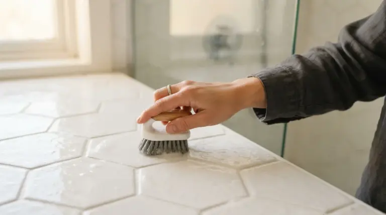 A hand holds a scrub brush while cleaning a white hexagonal tiled surface in a bathroom