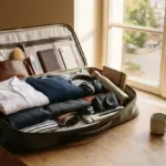 An open suitcase packed with folded clothes, electronics, toiletries, and accessories sits on a wooden table near a window
