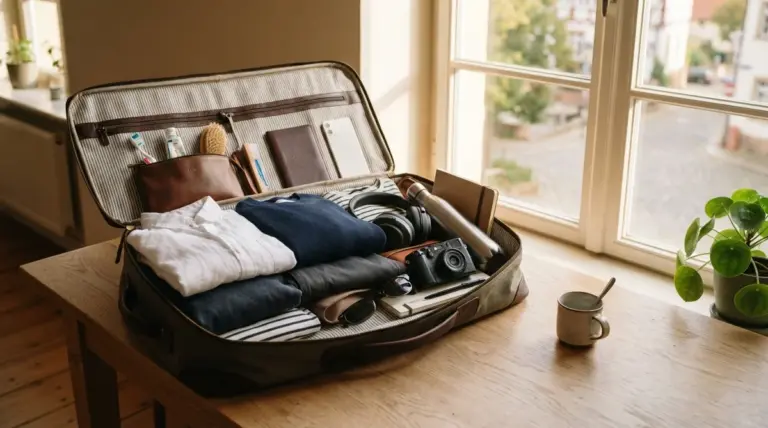 An open suitcase packed with folded clothes, electronics, toiletries, and accessories sits on a wooden table near a window