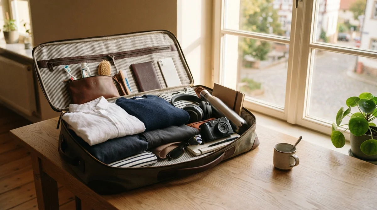An open suitcase packed with folded clothes, electronics, toiletries, and accessories sits on a wooden table near a window