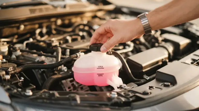 A warm, inviting close-up of a non-identifiable hand meticulously checking a car's coolant reservoir in a clean engine bay