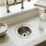A kitchen sink with a bowl of white powder and a cork-topped glass bottle on a marble countertop
