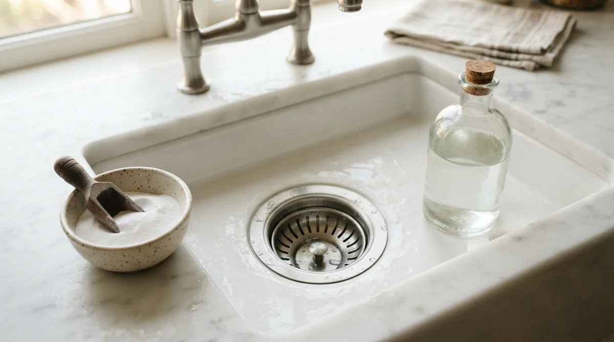A kitchen sink with a bowl of white powder and a cork-topped glass bottle on a marble countertop