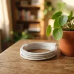 A coiled white charging cable and a small potted pilea plant sit on a wooden table