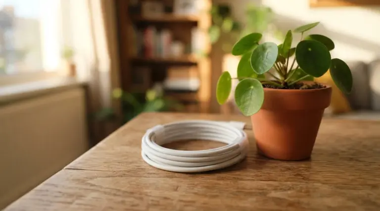 A coiled white charging cable and a small potted pilea plant sit on a wooden table