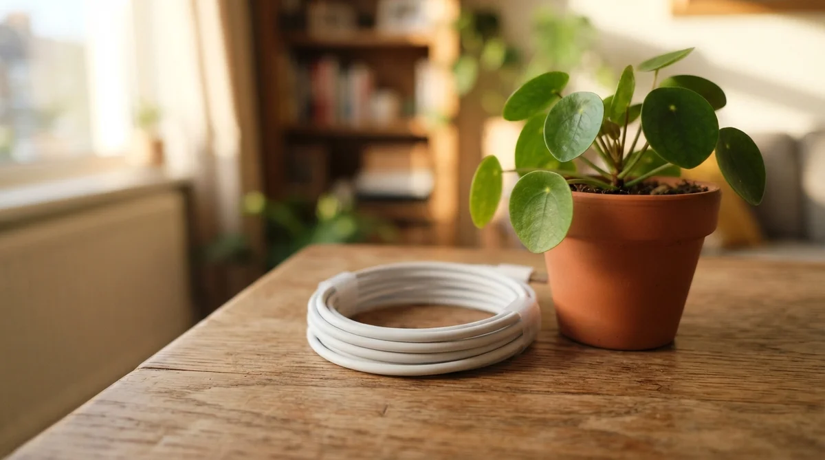A coiled white charging cable and a small potted pilea plant sit on a wooden table