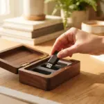 A hand places a black USB flash drive into a wooden storage box on a desk
