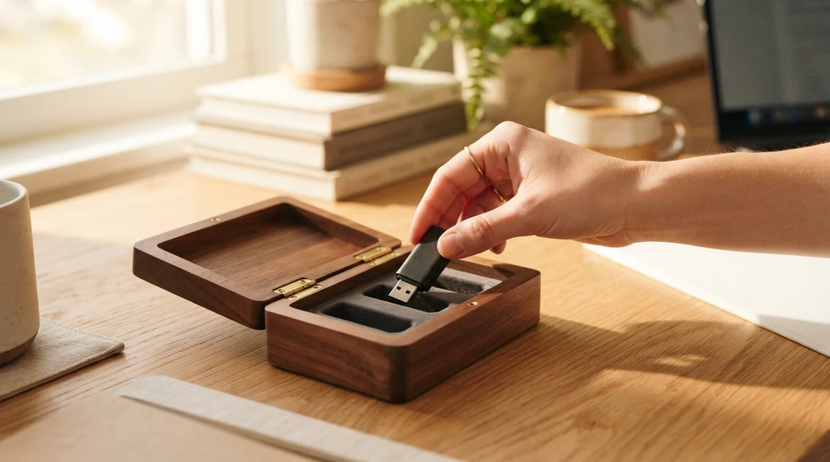 A hand places a black USB flash drive into a wooden storage box on a desk