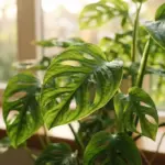 Monstera adansonii plant with heart-shaped, perforated leaves positioned near a sunny window