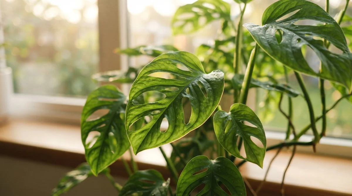 Monstera adansonii plant with heart-shaped, perforated leaves positioned near a sunny window