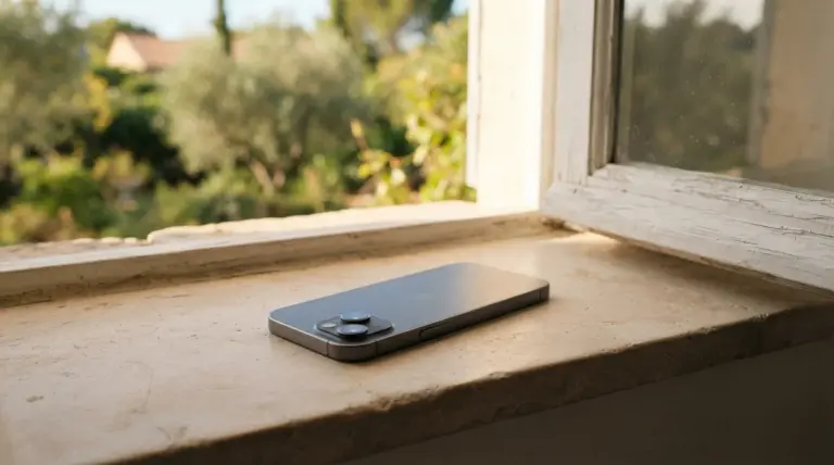 A gray smartphone rests on a stone windowsill overlooking a sunlit garden