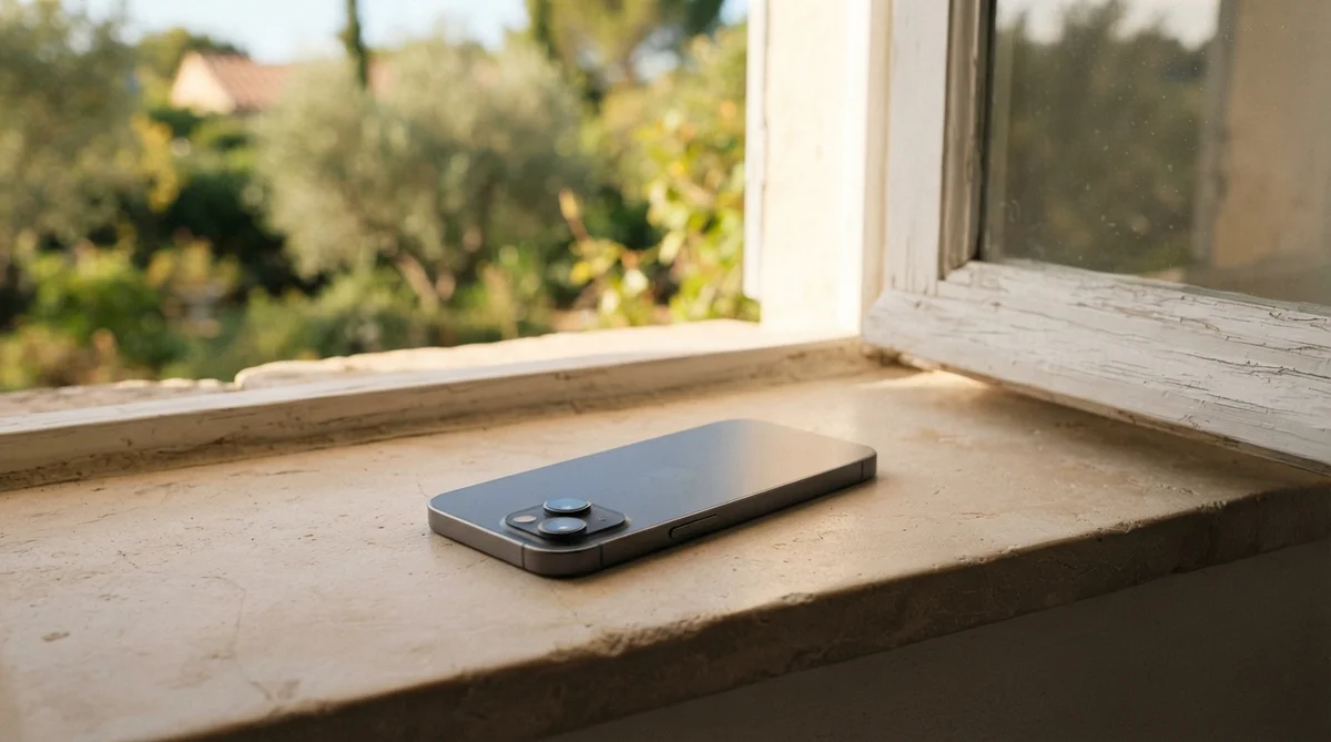 A gray smartphone rests on a stone windowsill overlooking a sunlit garden