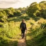 A person's back walking purposefully on a winding, sun-dappled path through a calm, verdant landscape