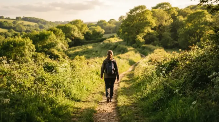 A person's back walking purposefully on a winding, sun-dappled path through a calm, verdant landscape