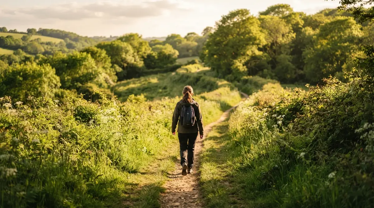 A person's back walking purposefully on a winding, sun-dappled path through a calm, verdant landscape