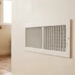 A close-up of a modern, minimal white air vent grille integrated into a warm living room wall, bathed in soft